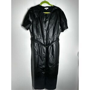 La Redoute Women’s Faux Leather Shirt Dress Black Snaps Belt Pockets Sz 16/46 FR